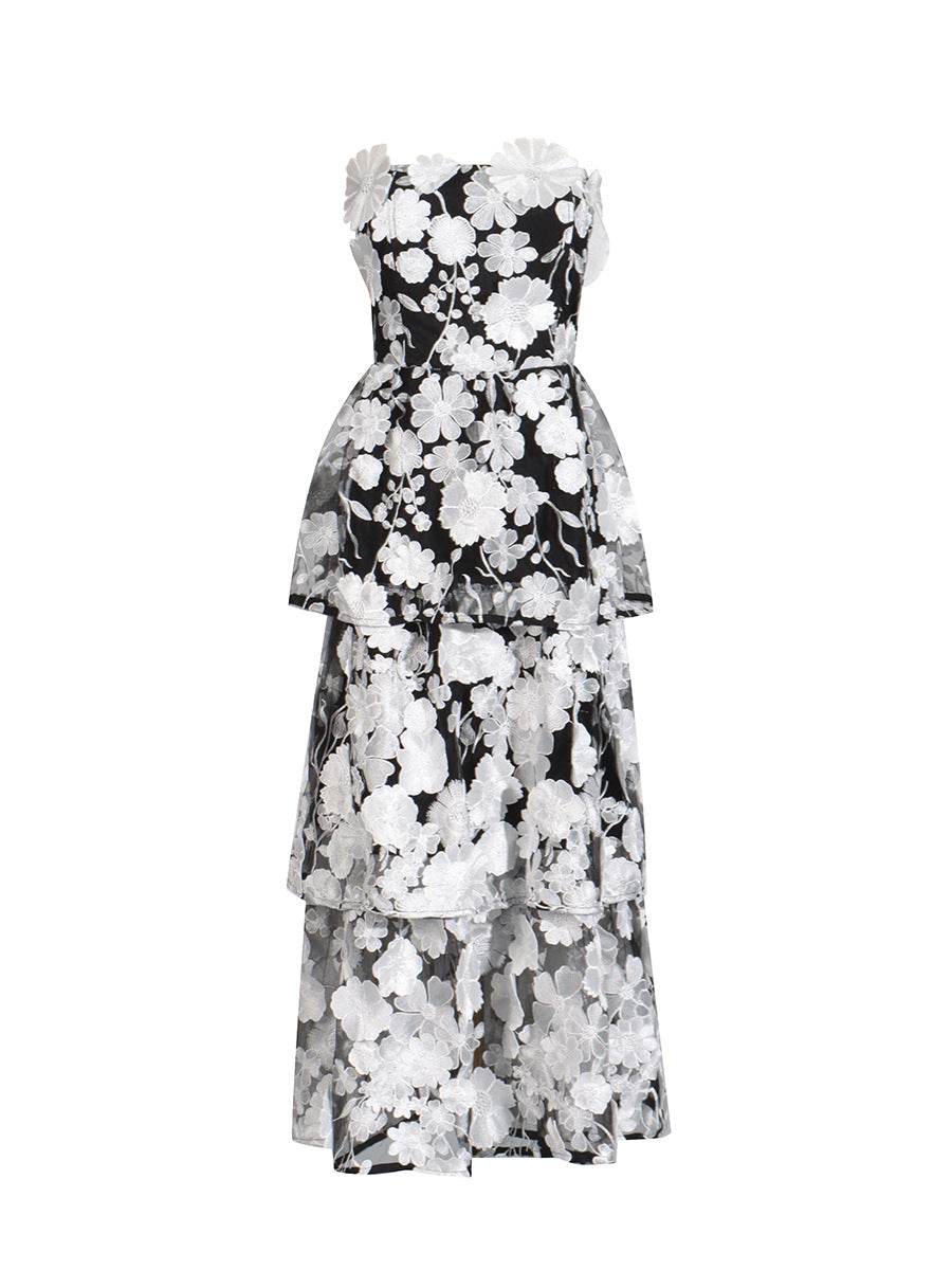 Women's Tube Three-dimensional Stitching Flower Design Ruffled Long Dresses
