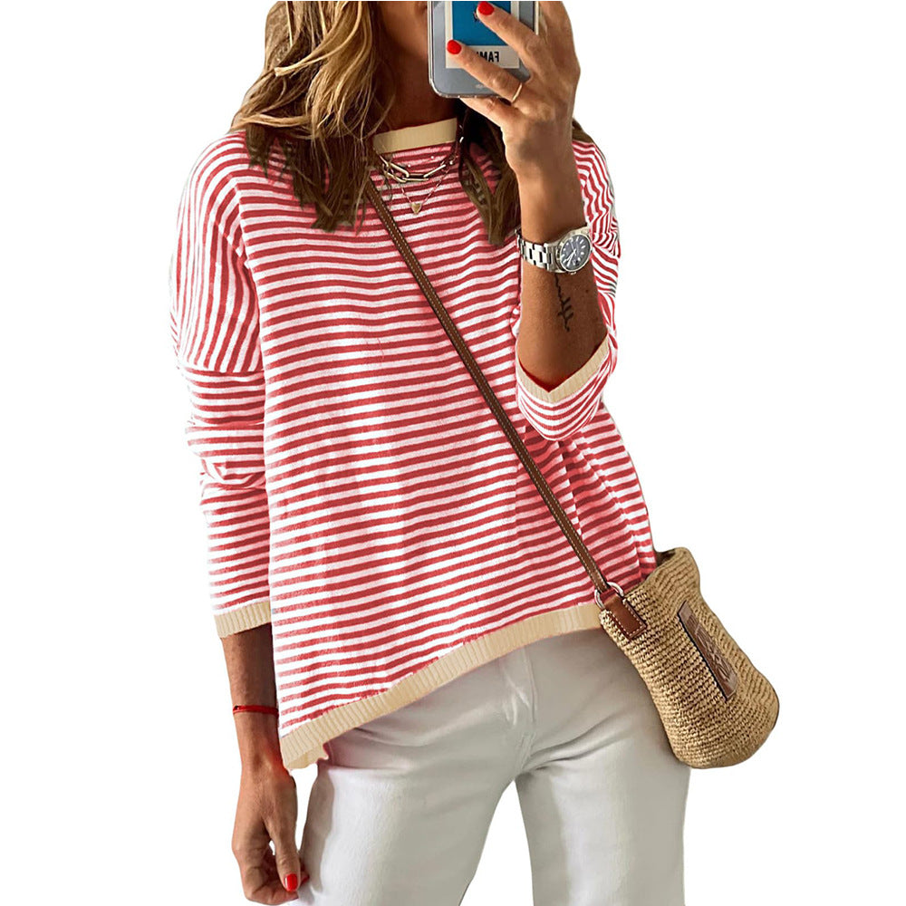 Women's Round Neck Striped Contrast Color Long Sweaters