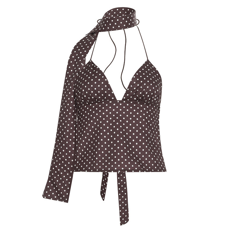 Contrast Color Halter Hanging Brown Strap Tops