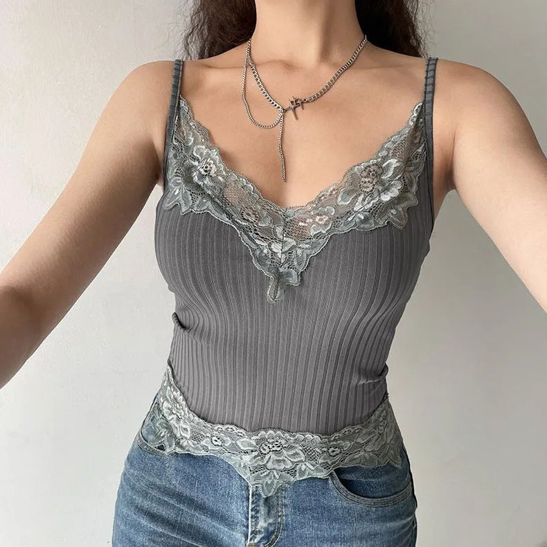 Women's Lace Stitching Sunken Stripe Summer Deep V Strap Tops