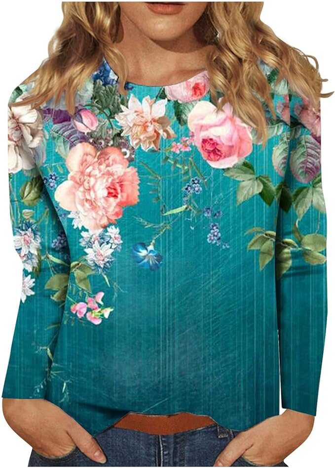 Women's Round Neck Long Sleeve Loose Print Blouses