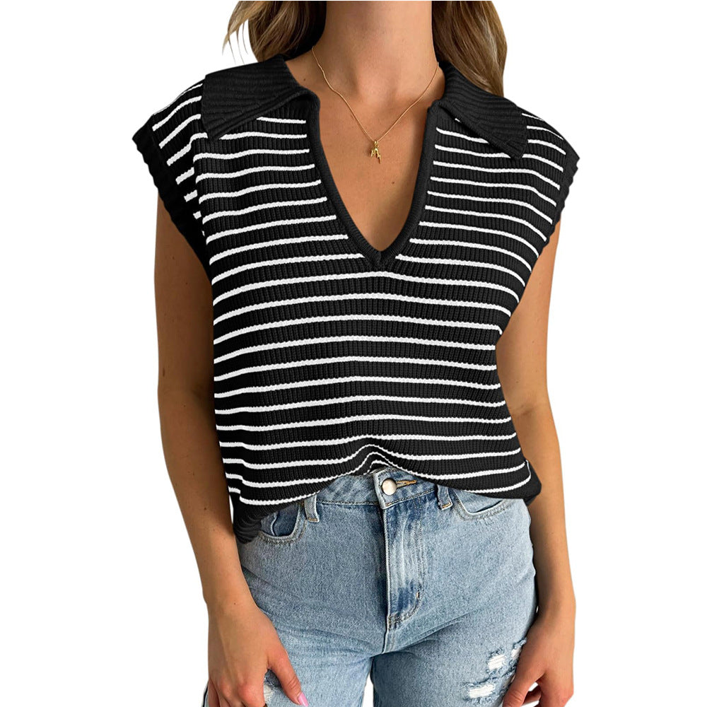 Women's Summer Knitted Casual Striped Lapel Sweaters