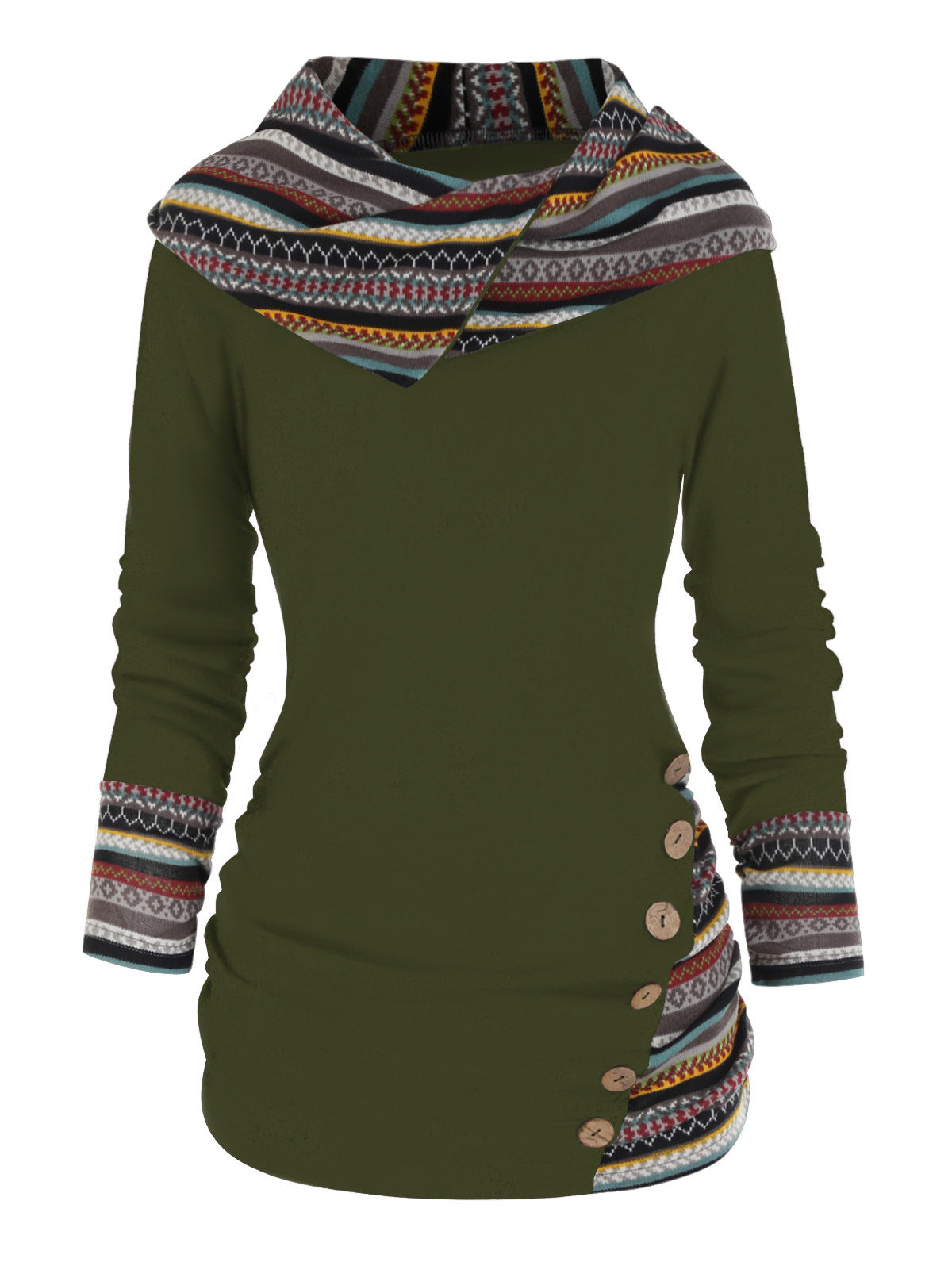 Women's Stitching Hooded Knitted Long Sleeve Button Casual Sweaters