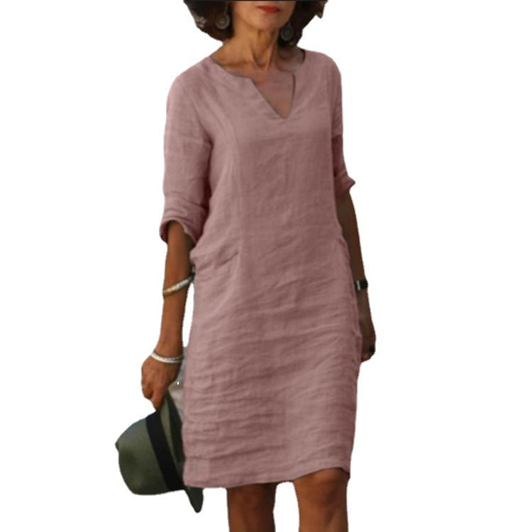 Women's Cotton Linen Solid Color Slim Fit Dresses