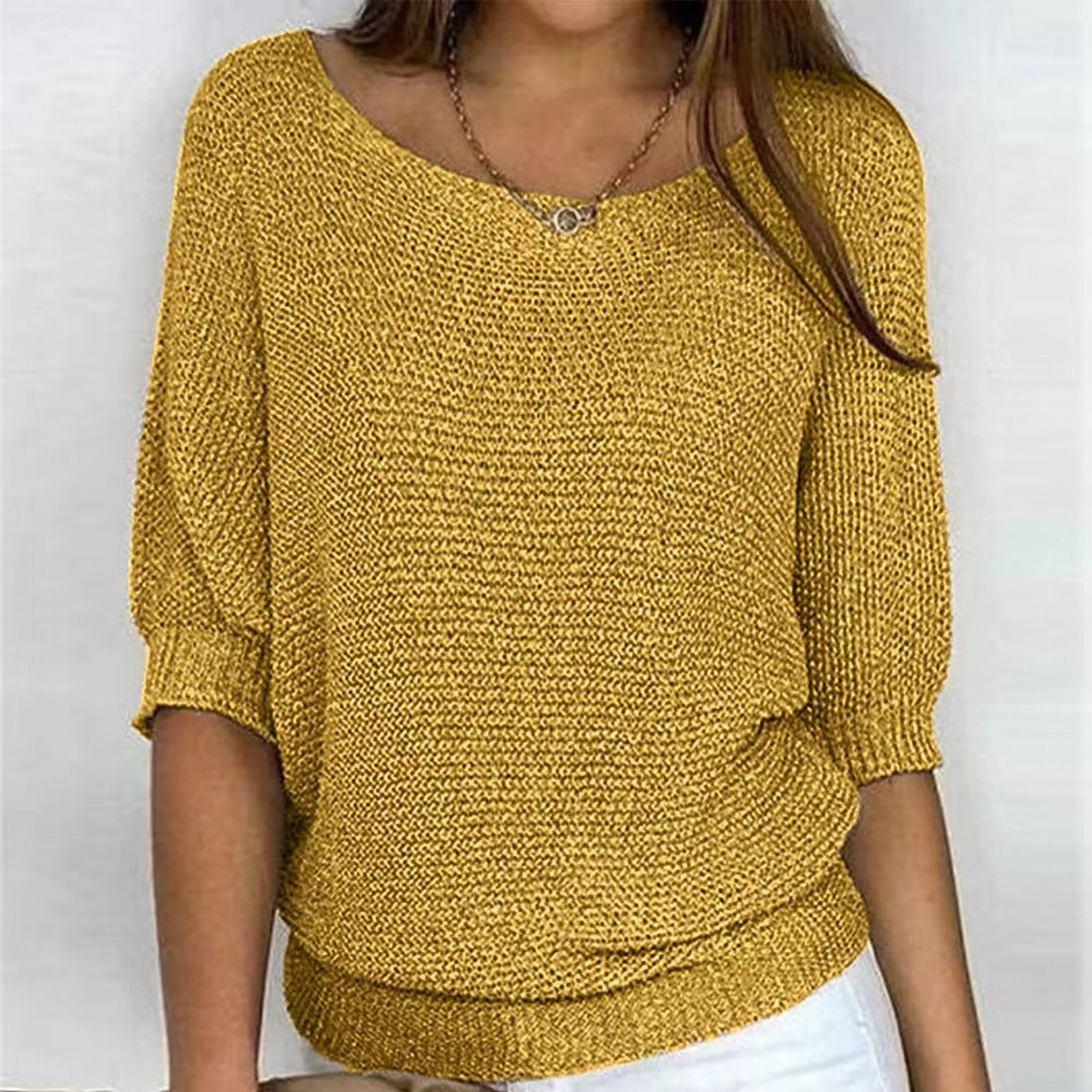 Women's Spring Solid Color Round Neck Commuter Elegant Cropped Sleeves Knitwear