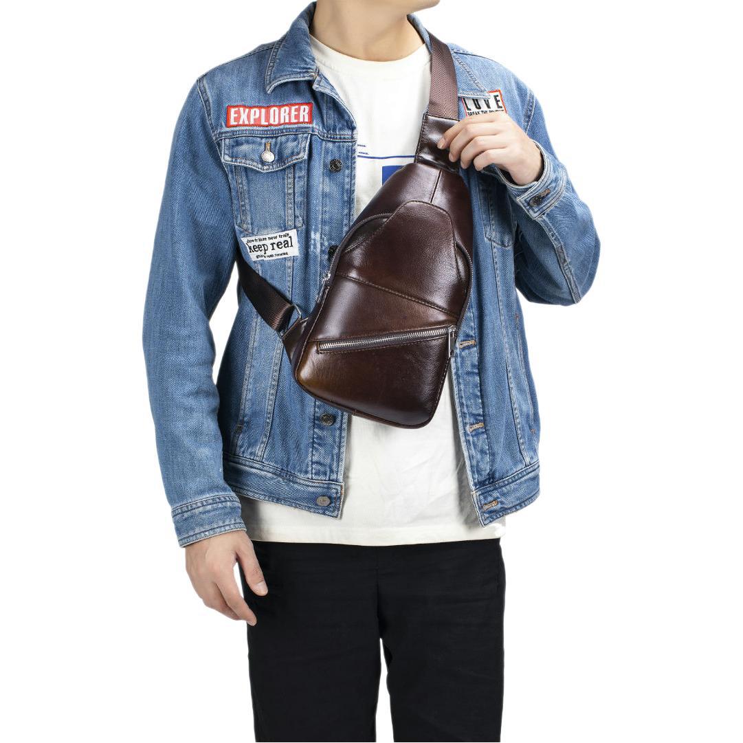Men's Creative Unique Leather Black Cowhide Men's Chest Bags