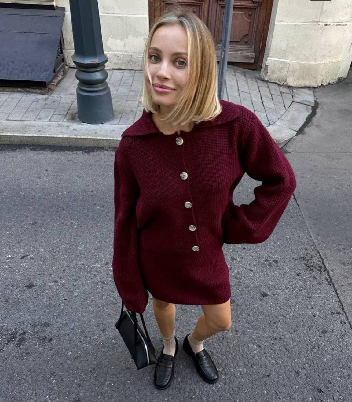 Unique Fashionable Lapel Flared Sleeve Woolen Sweaters