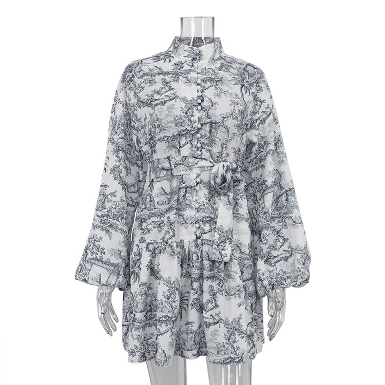 National Style Ink Printing Dress Puff Sleeve Dresses
