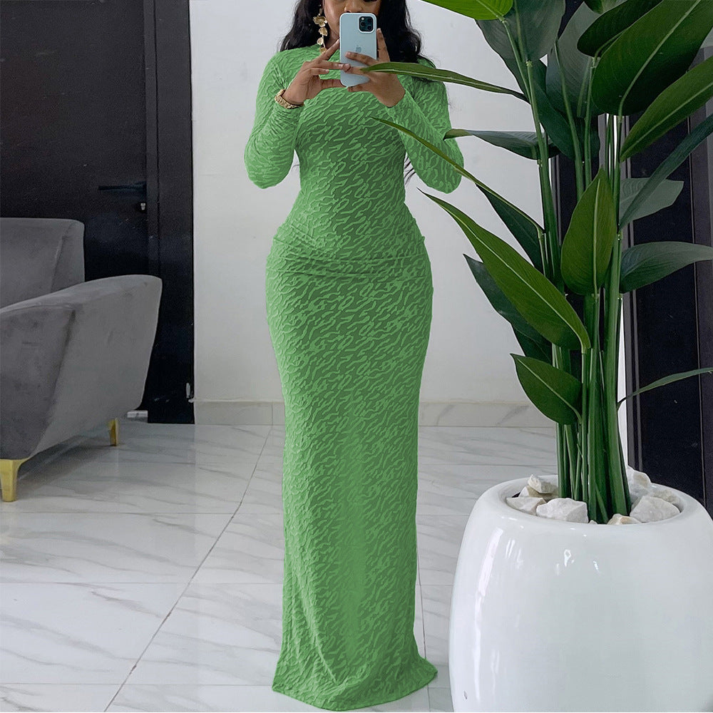 Women's Round Neck Long Sleeve Flocking Slim Dresses