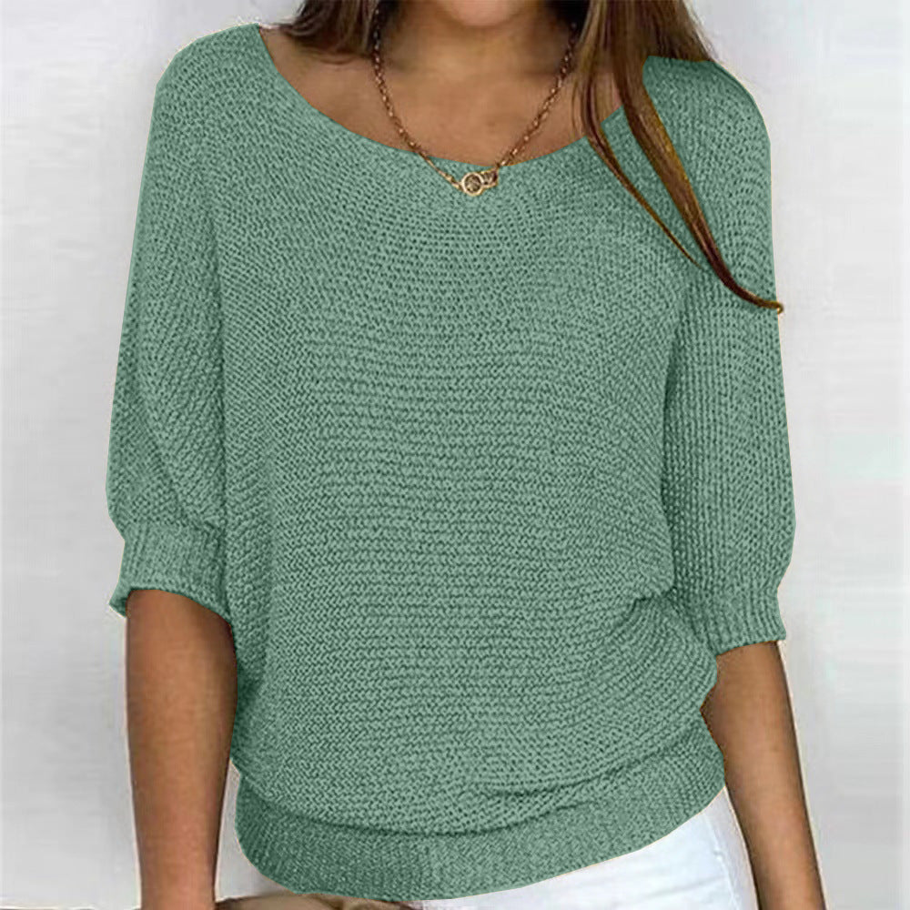Women's Spring Solid Color Round Neck Commuter Elegant Cropped Sleeves Knitwear