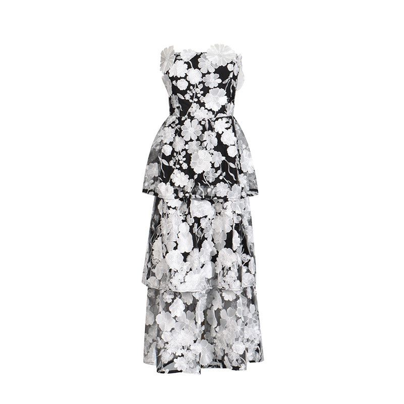 Women's Tube Three-dimensional Stitching Flower Design Ruffled Long Dresses