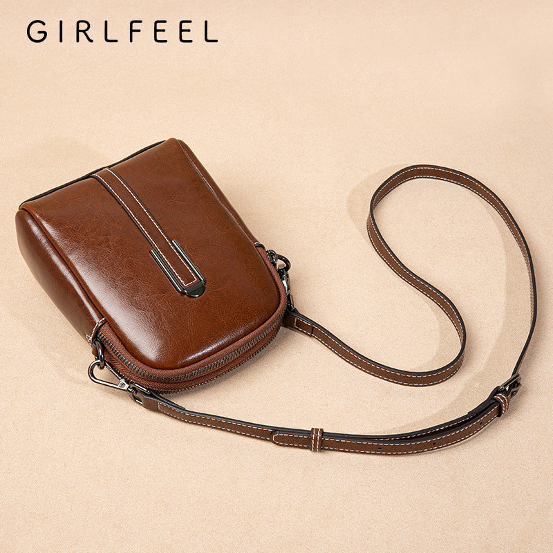 Women's Trendy Vintage Oil Wax Cowhide Double Crossbody Bags