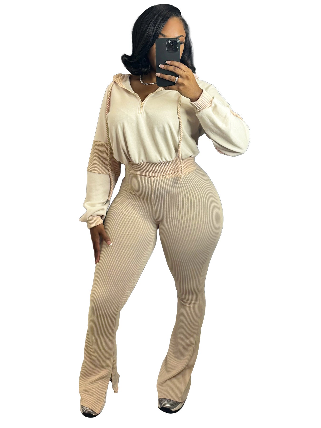 Women's Twist Strip Sweatshirt Stitching Hooded Bell-bottom Suits