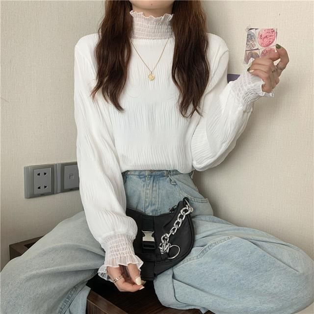 Women's Sleeve Spring Wooden Ear Design Sense Half Turtleneck Blouses