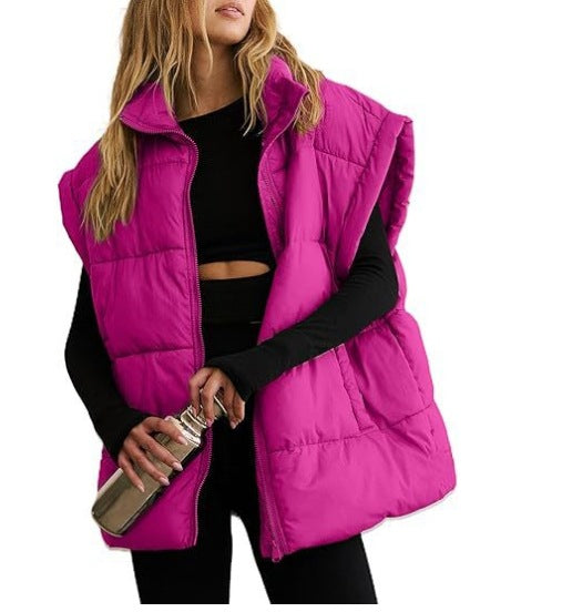 Women's Solid Color Zipper Pocket Stand-up Collar Vests