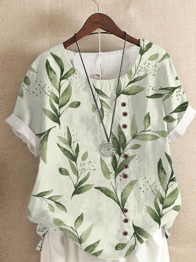 Women's Summer Retro Cotton Linen Fashion Printed Loose Blouses