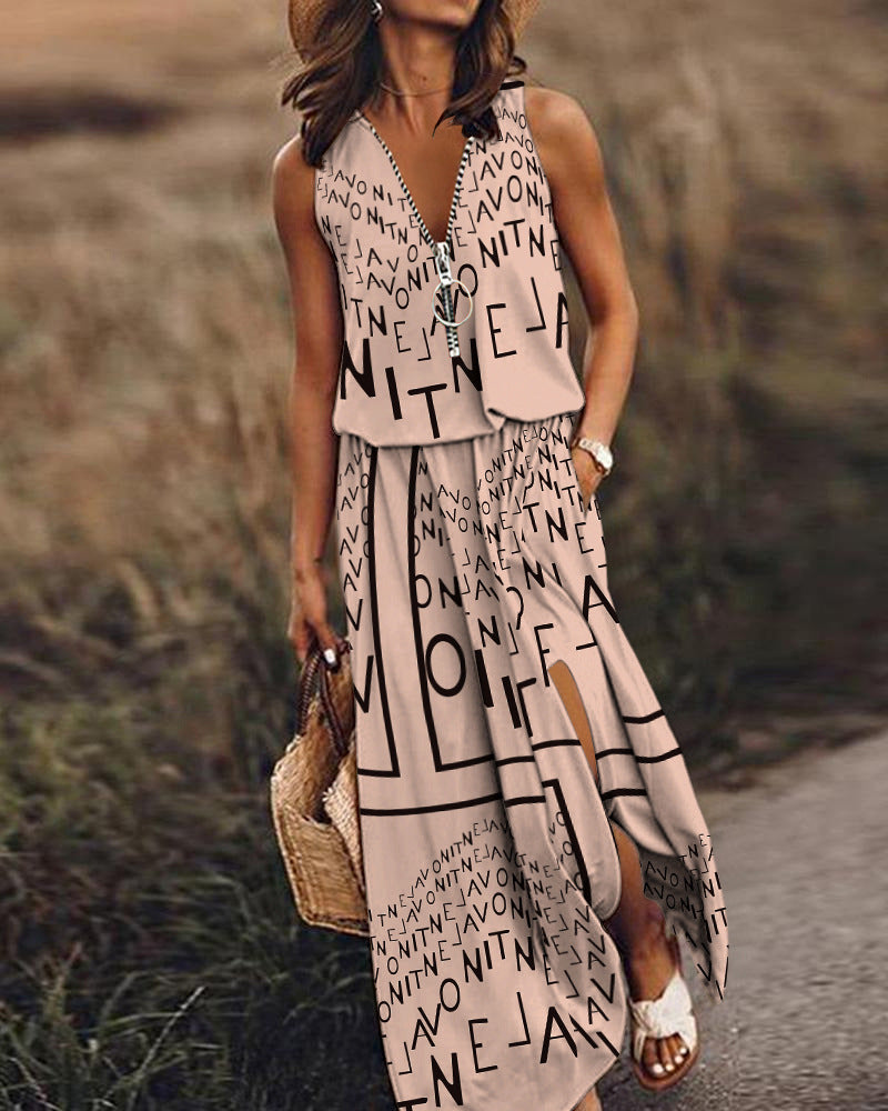 Women's Sleeveless Long Dress Casual Waist Zipper Dresses