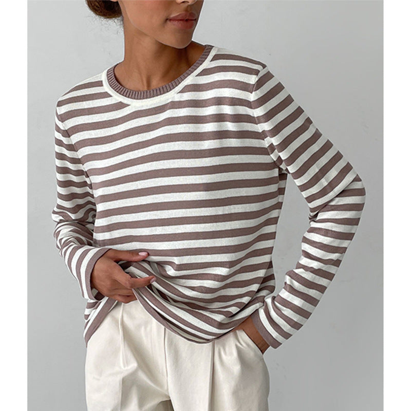 Women's Round Neck Knitted Striped Spring Versatile Sweaters