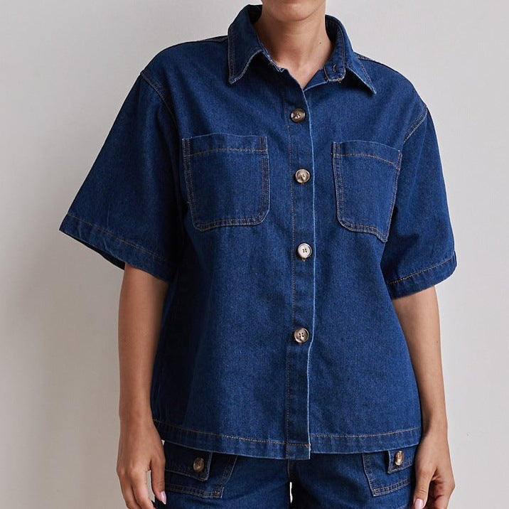 Women's Summer Casual Retro Loose Shirt Denim Suits