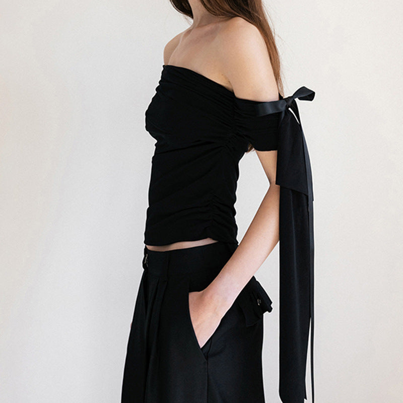 Diagonal Collar Bow Design Pleated Waist Tight Blouses