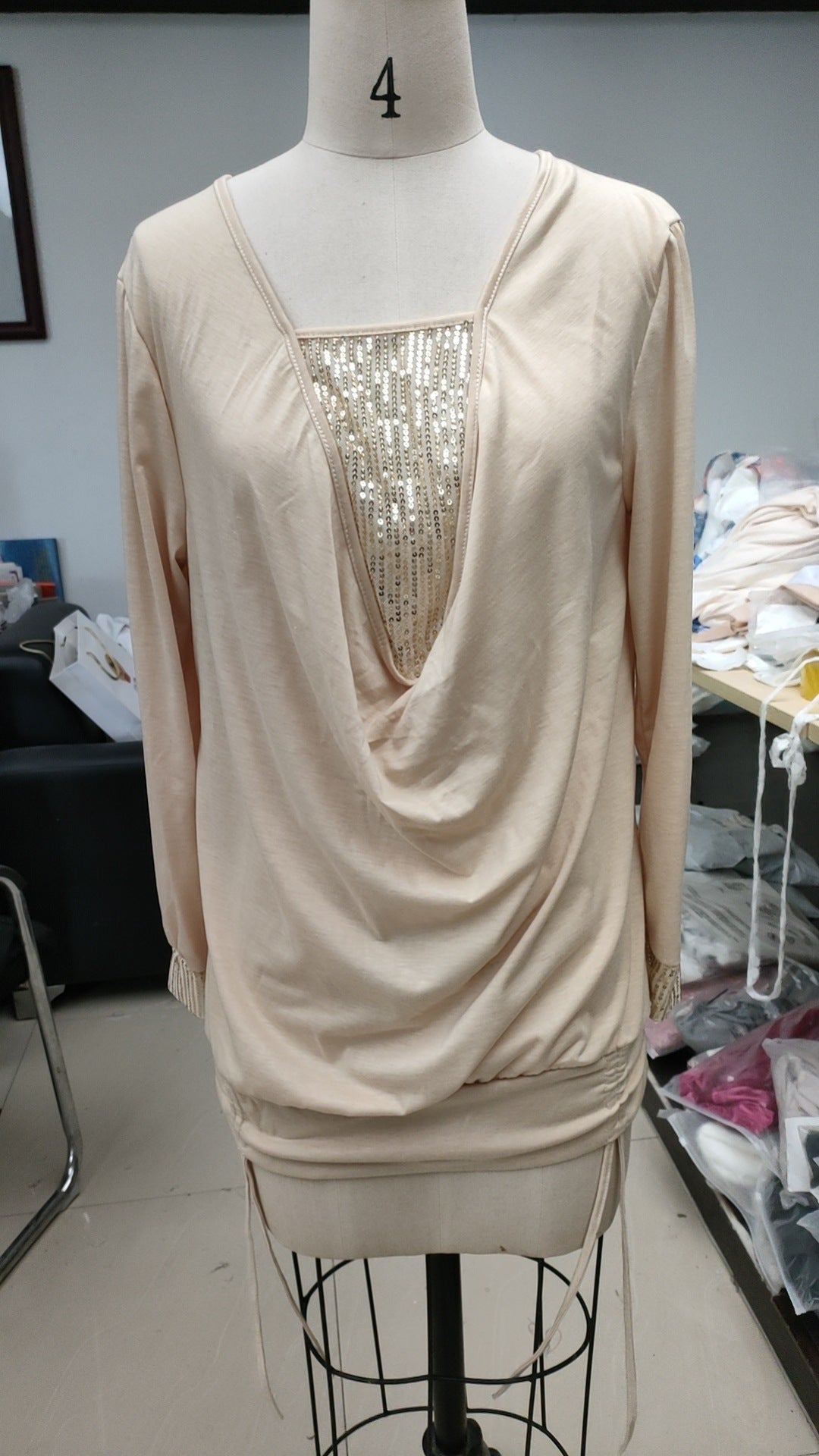 Pure Color Sequins Stitching Long-sleeved Elegant Blouses