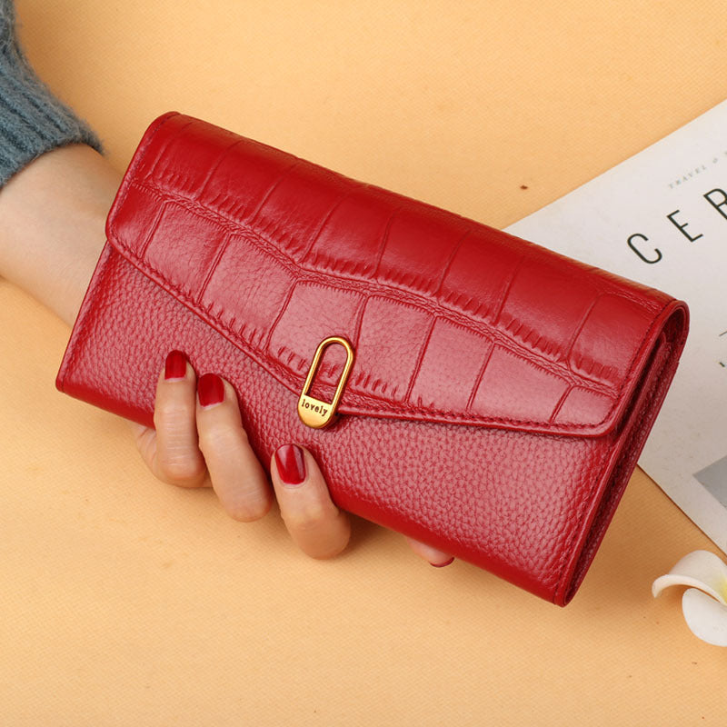Women's First Layer Cowhide Long Two-fold Multiple Ladies Wallets