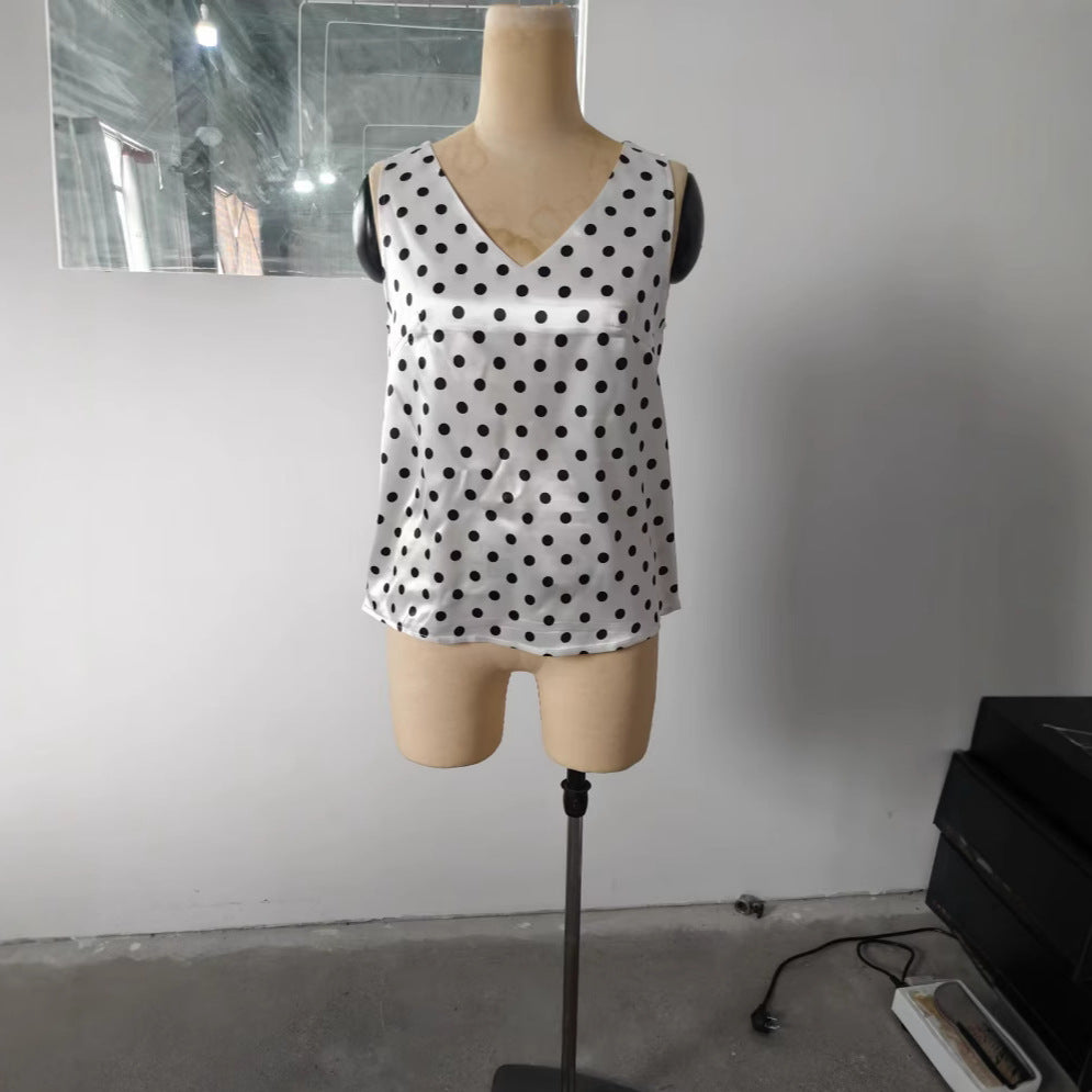 Women's Polka Dot Printed Slim Fit Sleeveless Tops