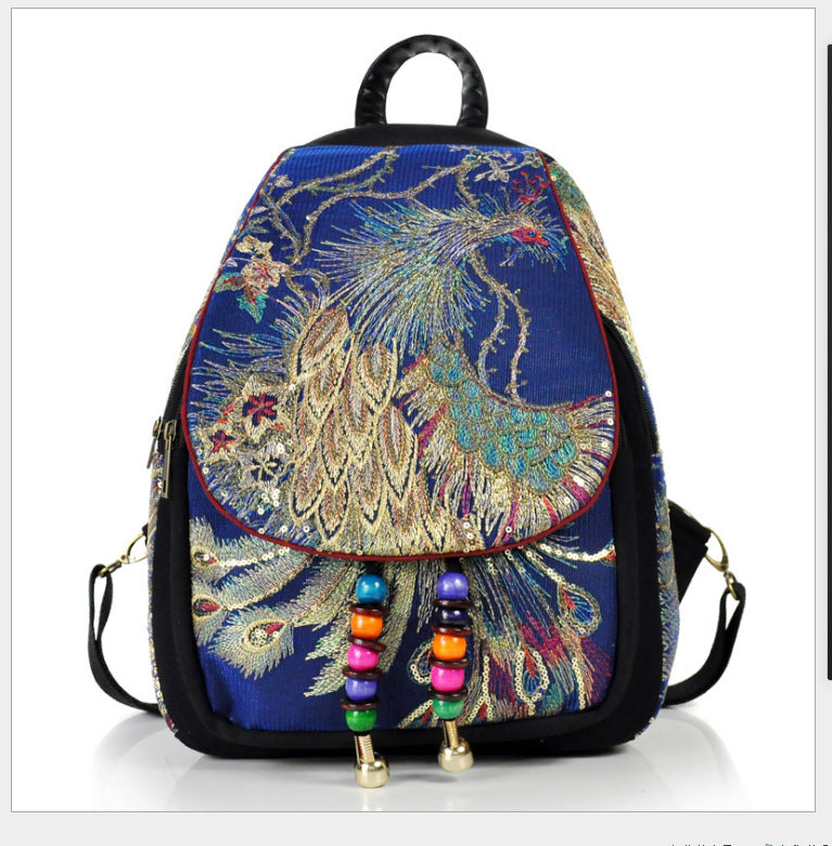 Women's Sequined Peacock Ethnic Style Embroidered Canvas Backpacks