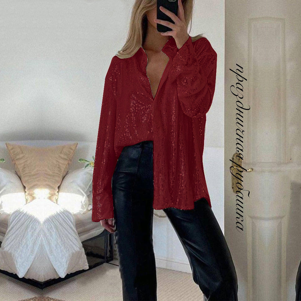 Women's Sequin Lapel Long Sleeve Sexy Shirt Blouses
