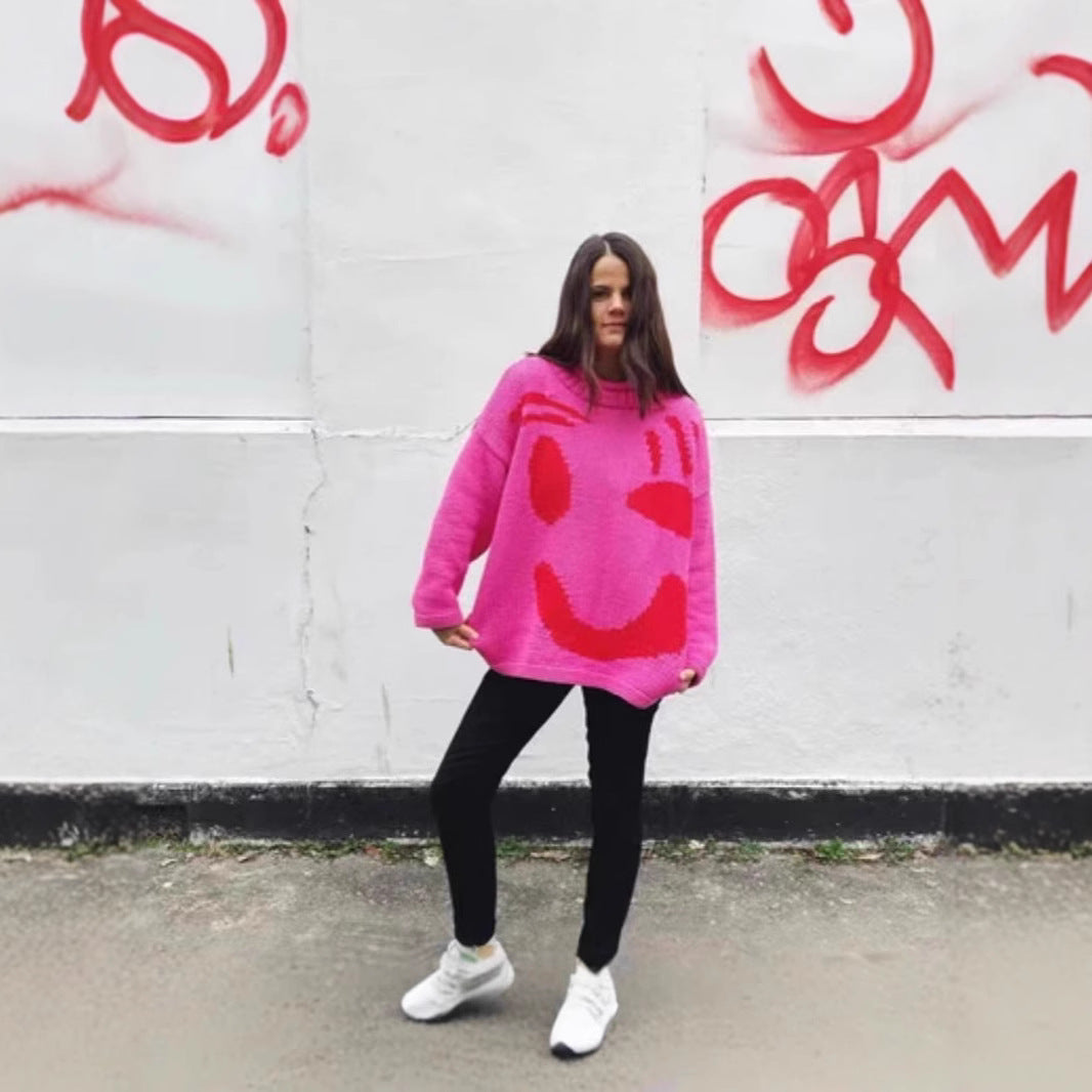 Color Knitted Round Neck Pullover Loose Sweaters