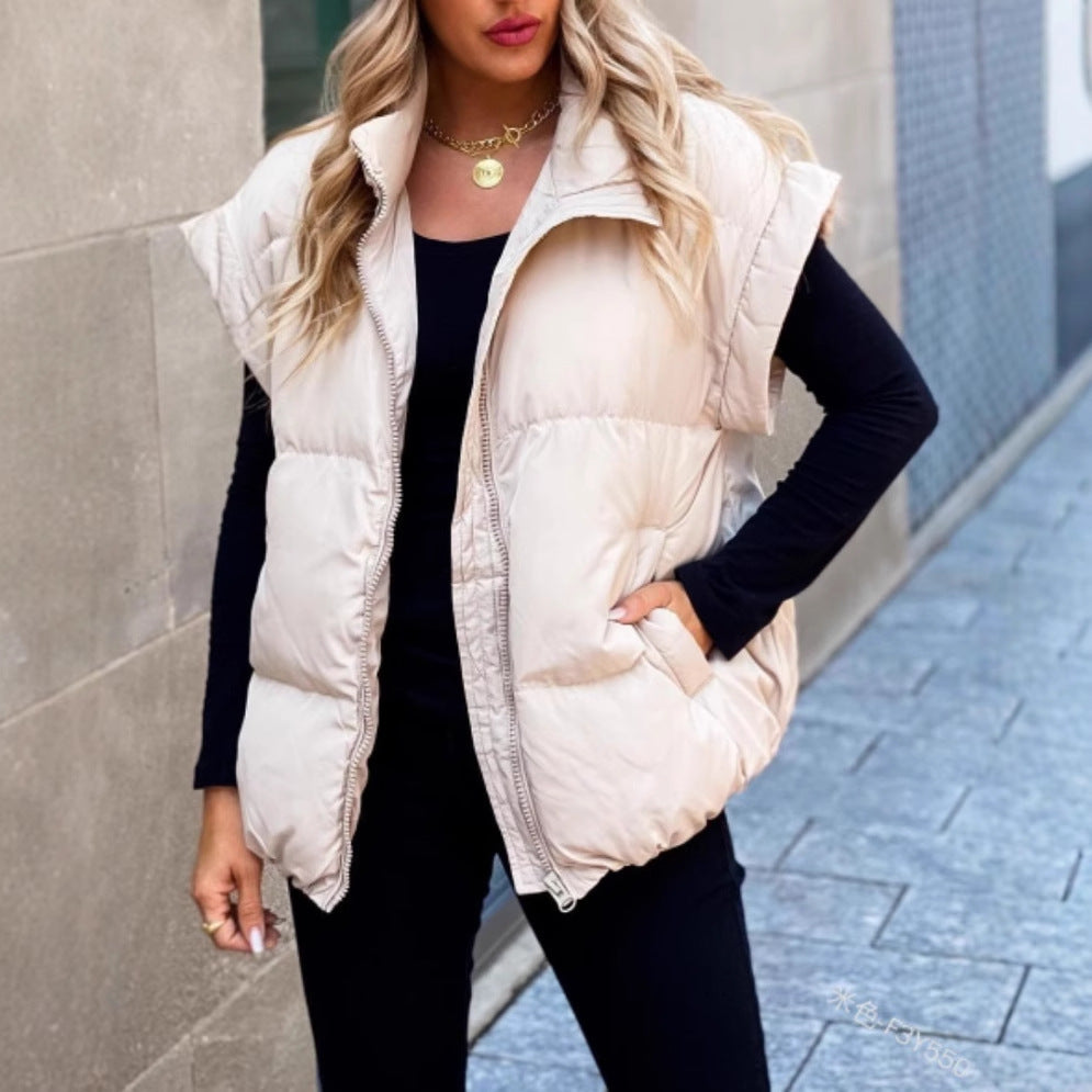 Women's Solid Color Zipper Pocket Stand-up Collar Vests