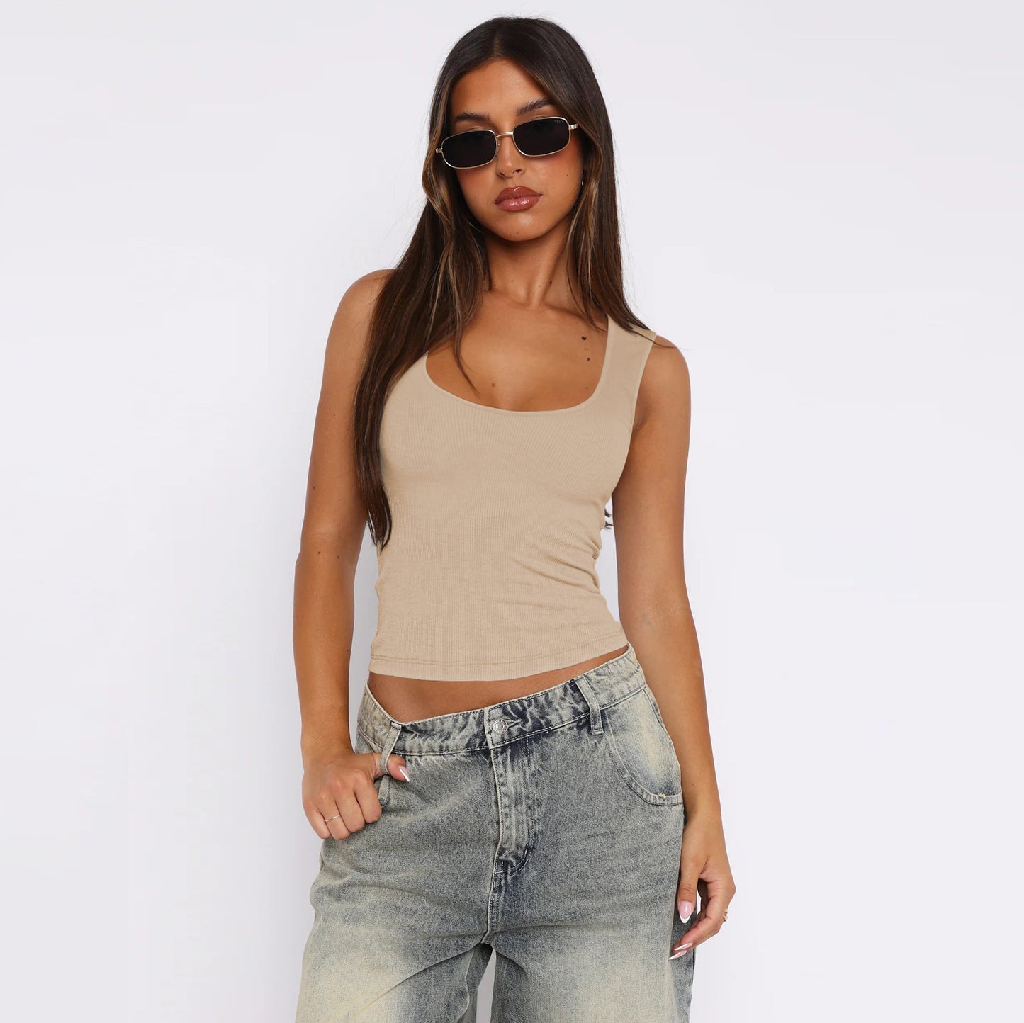 Women's Street Style Rib Solid Color Slim Tops