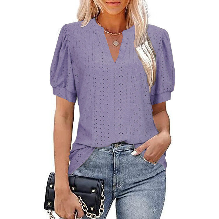 Casual Solid Color Hollow Puff Sleeve Blouses