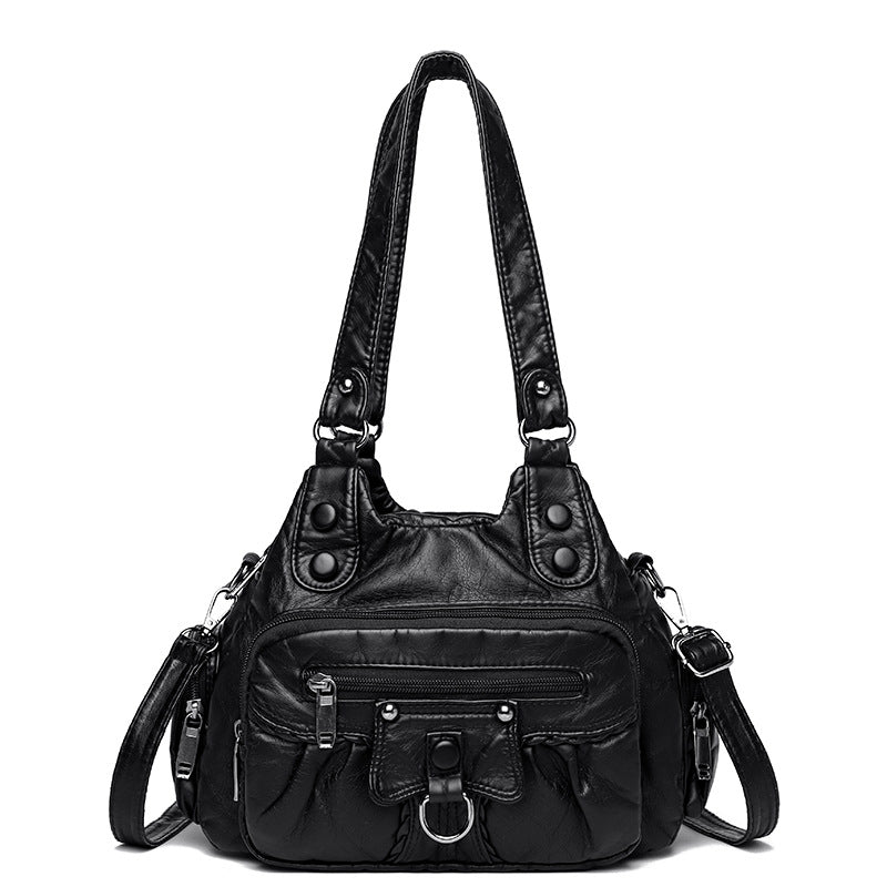 Women's Mom Large Capacity Stitching Washed Leather Shoulder Bags