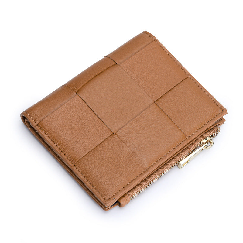 Women's Short Sheepskin Woven Fashion Folding Multifunctional Ladies Wallets