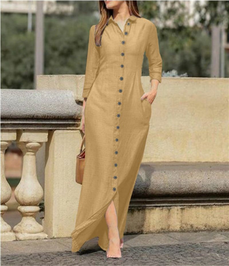 Women's Unisex Style Long Sleeve Lapel Solid Color Dresses