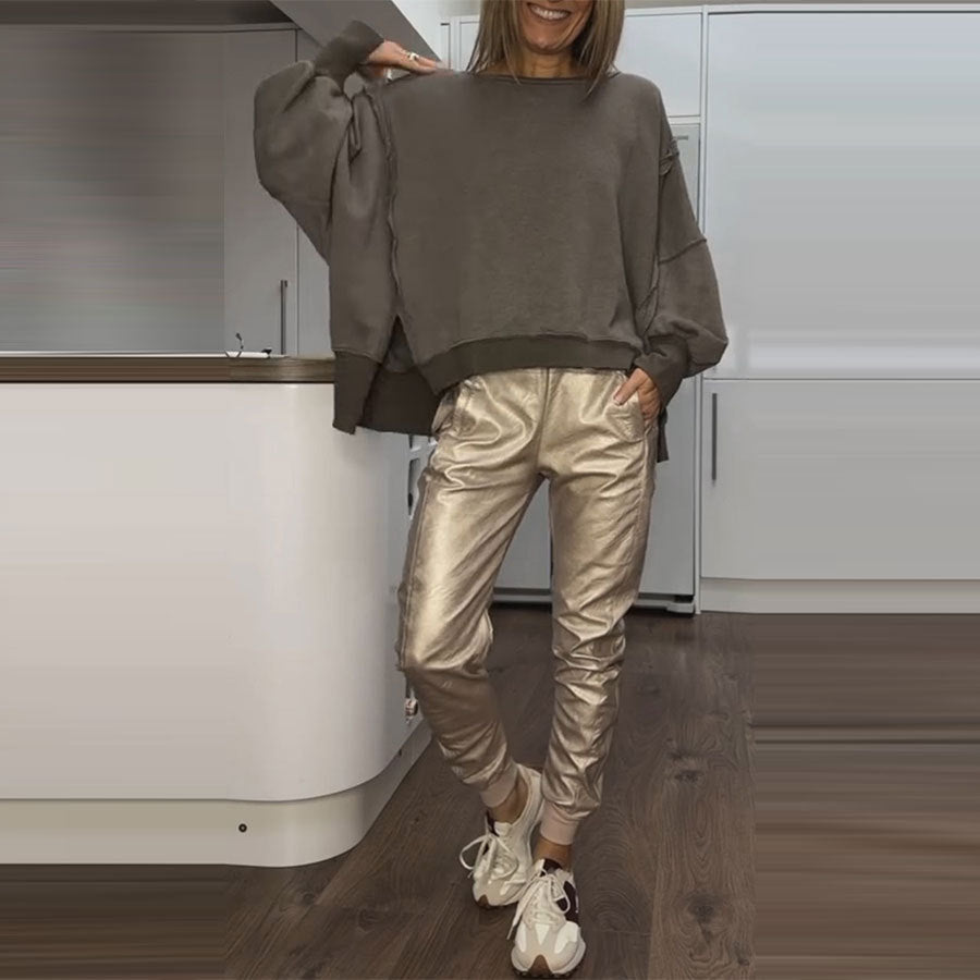 Women's Side Slit Round Neck Casual Small Blouses