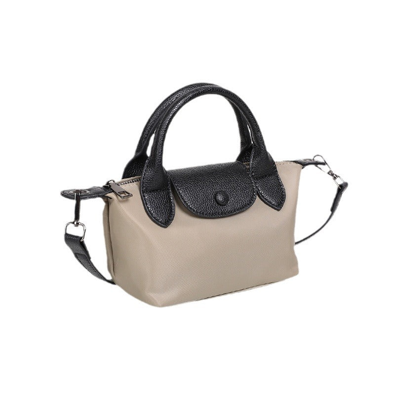 Women's Portable Dumpling Oxford Cloth Contrast Color Genuine Leather Bags