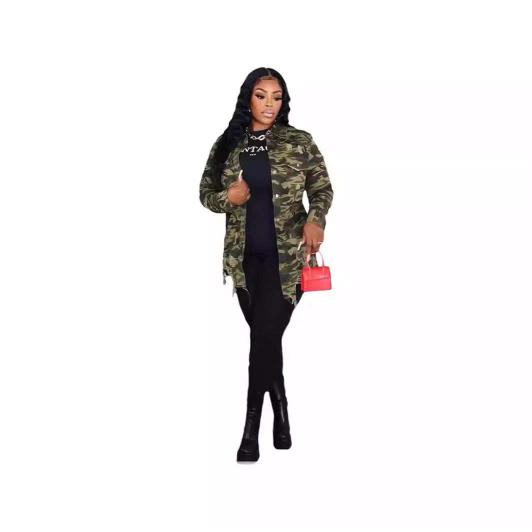 Women's Classic Long-sleeved Camouflage Ripped Collar Blouses