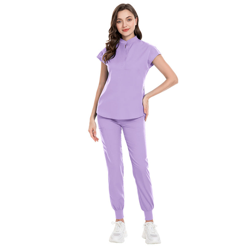 Color Medical Scrubbing Nursing Trousers Elastic Stand Collar Jogging Uniform