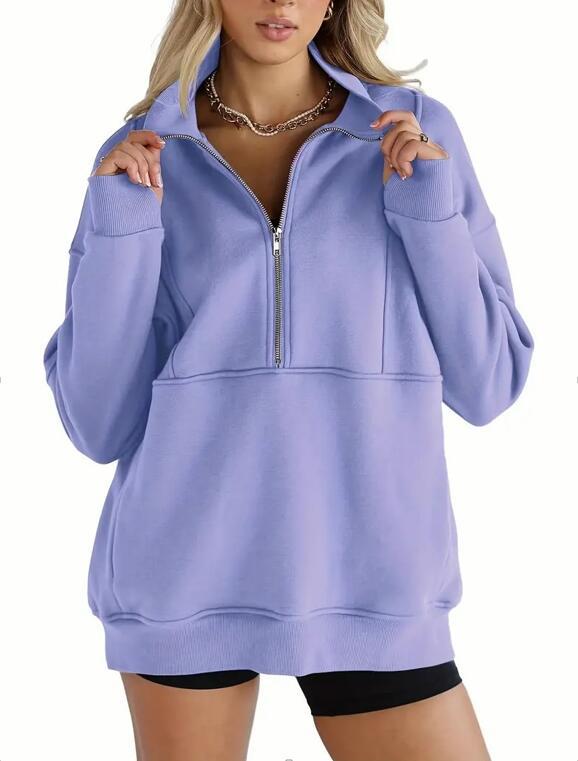 Women's Zipper Patchwork Pocket Brushed Hoody Loose Sweaters