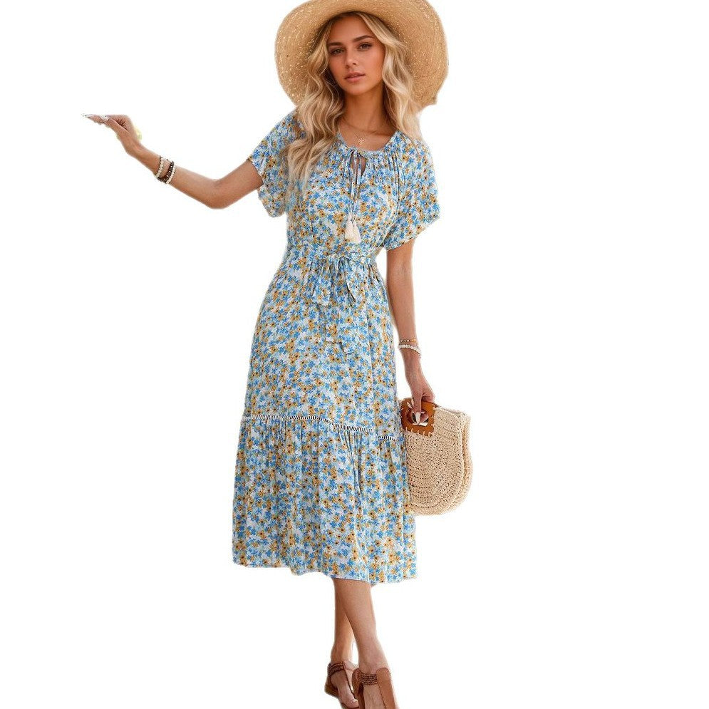 Women's Rayon Printed Hollow Lace Stitching Flounced Dresses