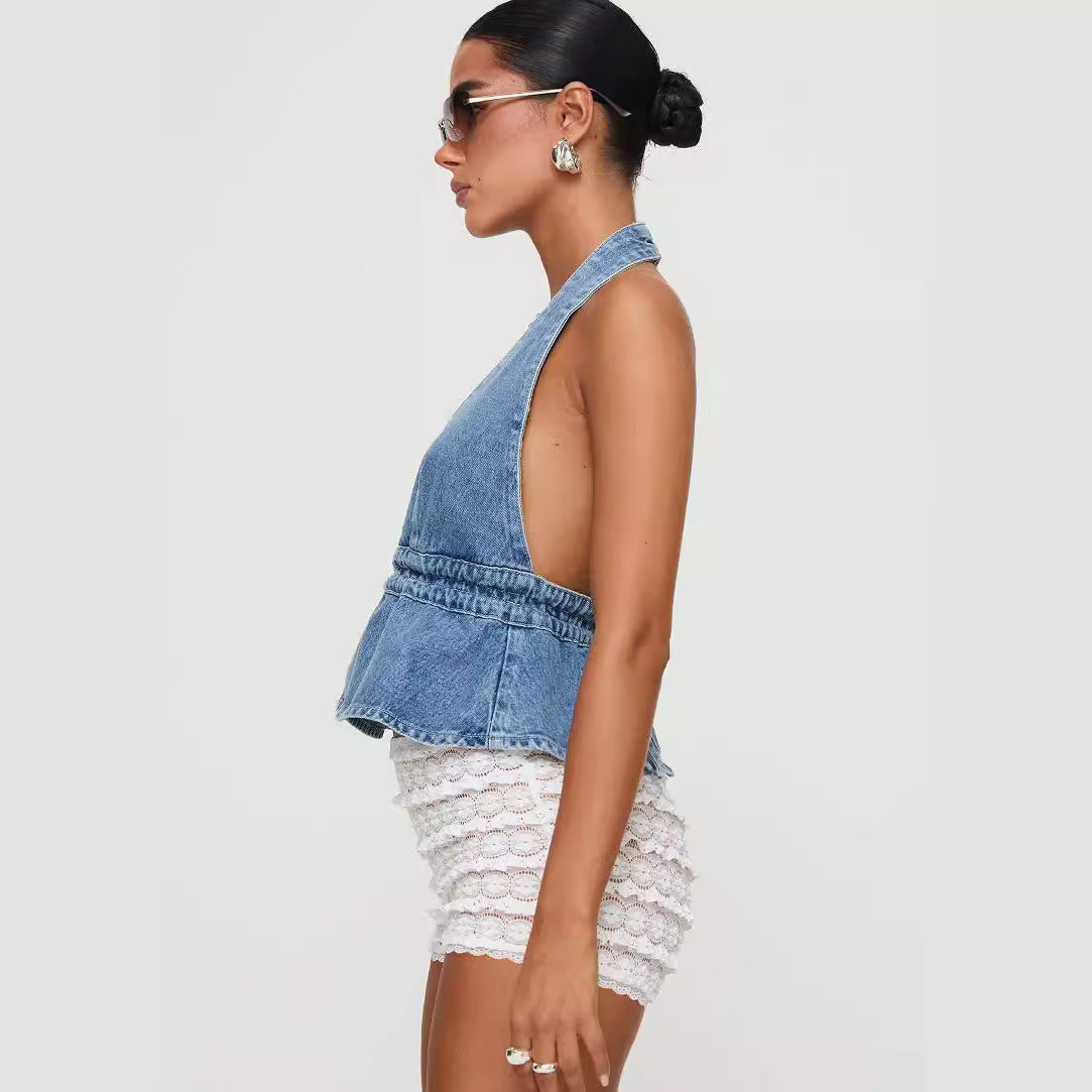 Fashion Sexy Washed Denim Exposed Back Tops