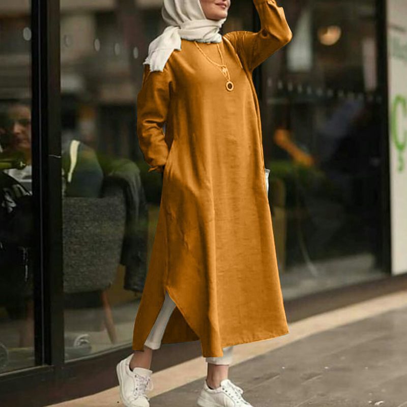 Women's Muslim Wear Long Sleeve Shirt Pocket Dress Clothing