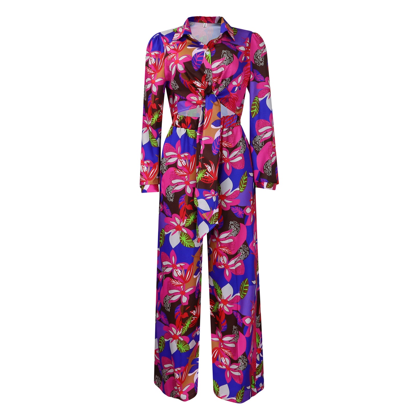 Women's Fashion Printed Two-piece Lapel Bandage Shirt Suits