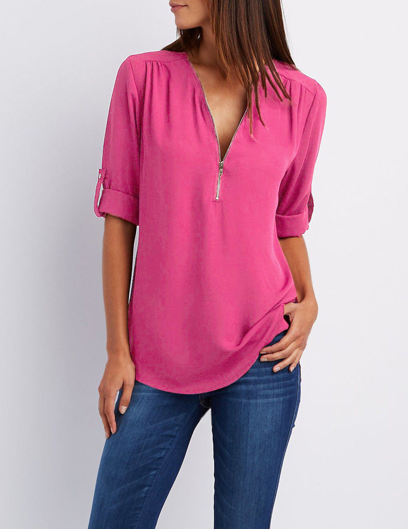 Women's Hosting Label Zipper Rollable Sleeves Chiffon Blouses