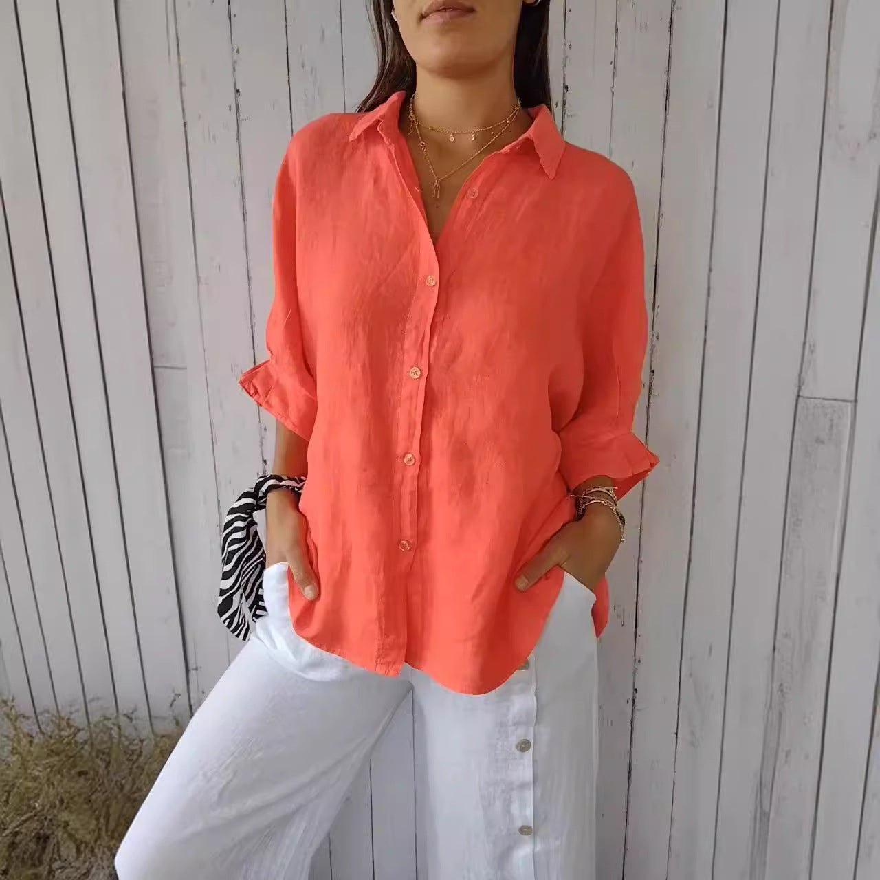 Spring Cotton Linen Back Design Shirt Blouses