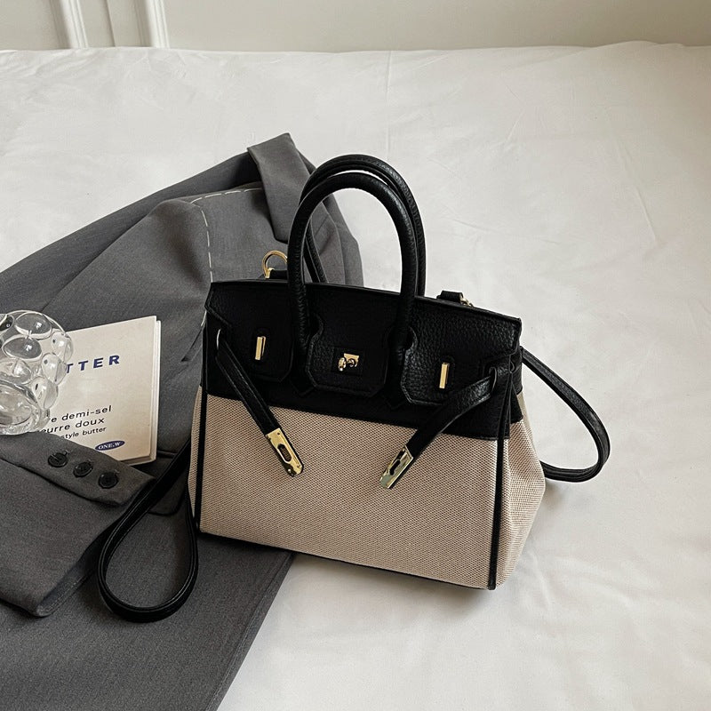 Women's Trendy Canvas Fashionable Lychee Pattern Contrast Shoulder Bags