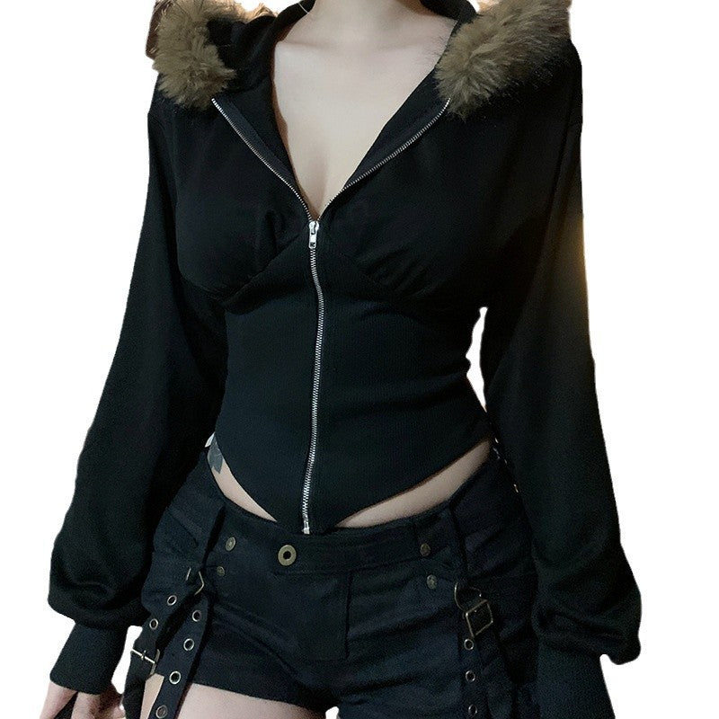 Winter Fur Collar Hooded Drawstring Zipper Sports Style Sweaters