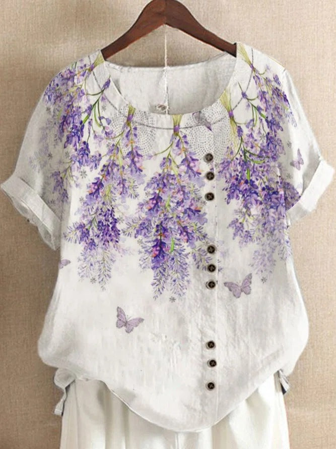 Women's Summer Retro Cotton Linen Fashion Printed Loose Blouses